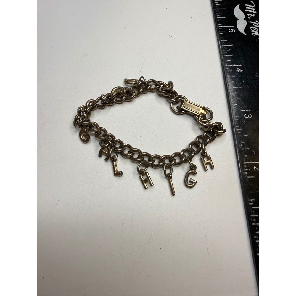 Vintage Silver Tone Letter Charm Bracelet DOG LEIGH Curb Chain 7 Inch